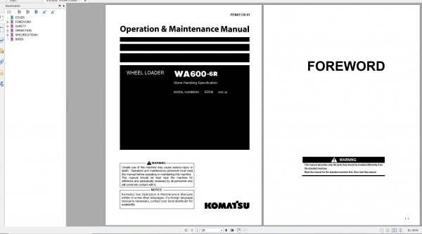 Komatsu Wheel Loader WA600 6R Stone Handling Specification Operation Maintenance Manual PEN01130 01 2019