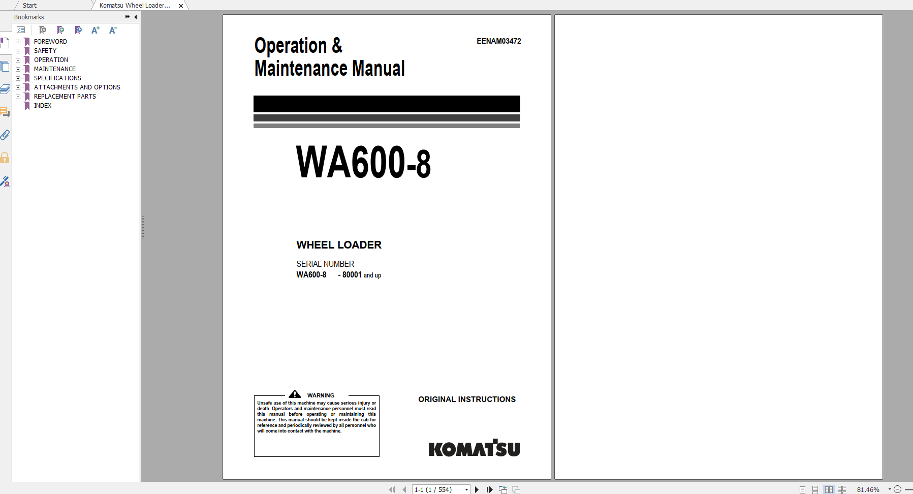 Komatsu Wheel Loader WA600 8 Operation Maintenance Manual EENAM03472 2017