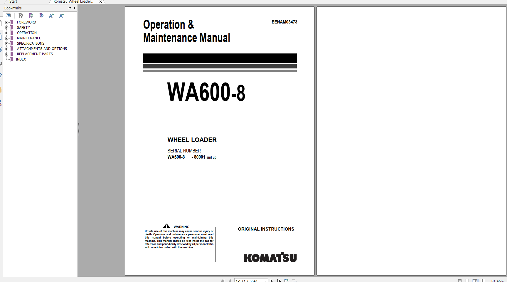 Komatsu Wheel Loader WA600 8 Operation Maintenance Manual EENAM03473 2018