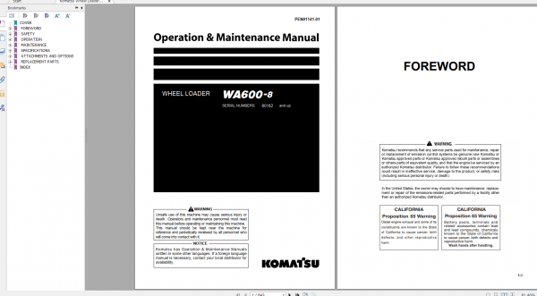 Komatsu Wheel Loader WA600 8 Operation Maintenance Manual PEN01141 01 2020