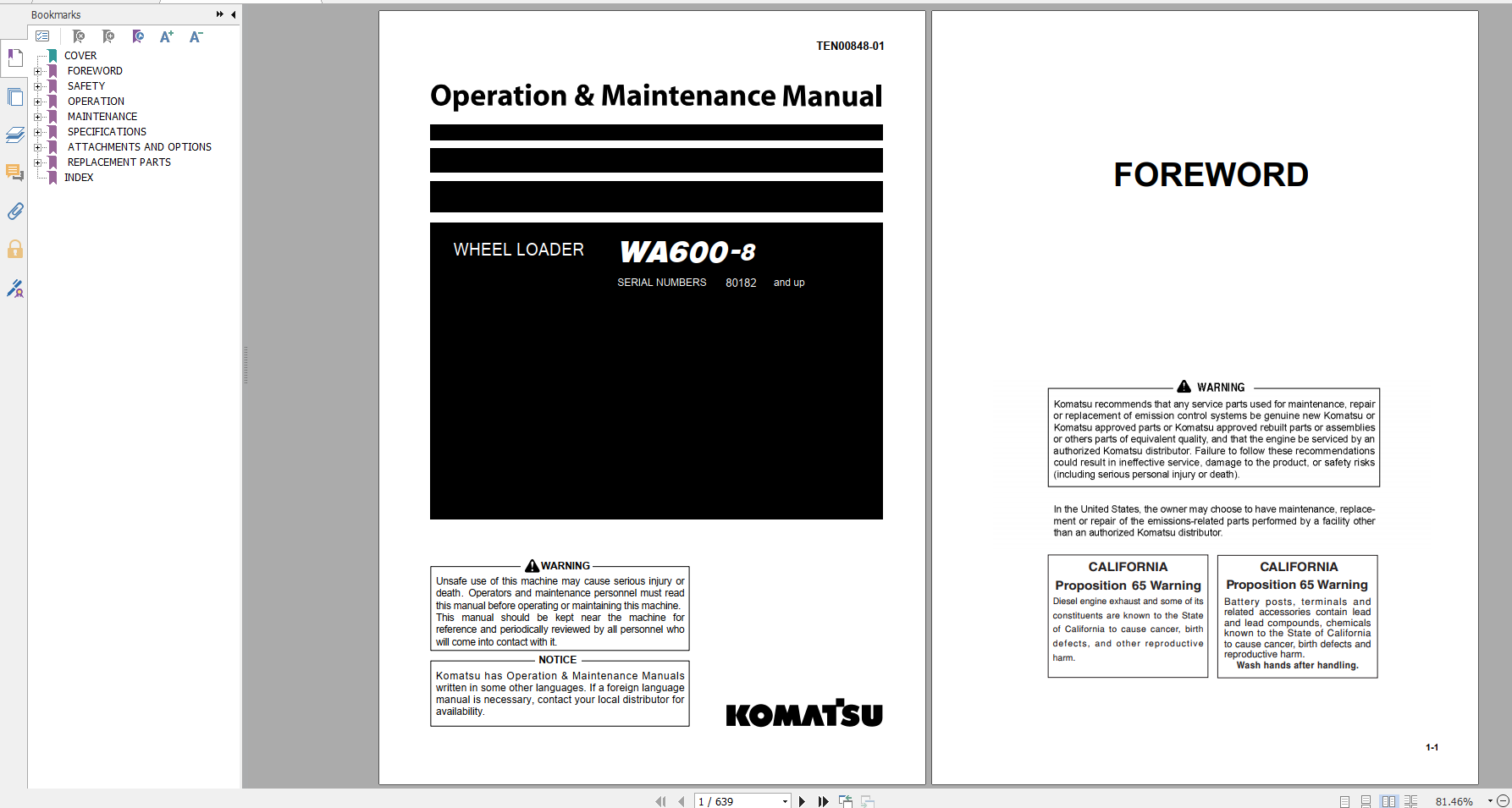 Komatsu Wheel Loader WA600 8 Operation Maintenance Manual TEN00848 01 2020