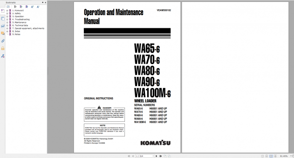 Komatsu Wheel Loader WA65 6 WA70 6 WA80 6 WA90 6 WA100M 6 Operation Maintenance Manual VEAM550102 2009