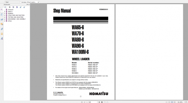 Komatsu Wheel Loader WA65 6 WA70 6 WA80 6 WA90 6 WA100M 6 Shop Manual VEBM550101 2010