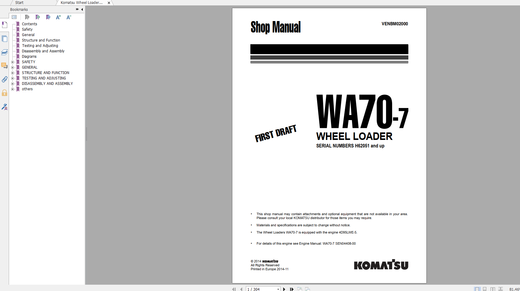Komatsu Wheel Loader WA70 7 Shop Manual VENBM02000 2014