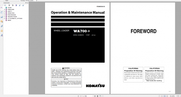 Komatsu Wheel Loader WA700 3 Operation Maintenance Manual PEN00304 05 2020