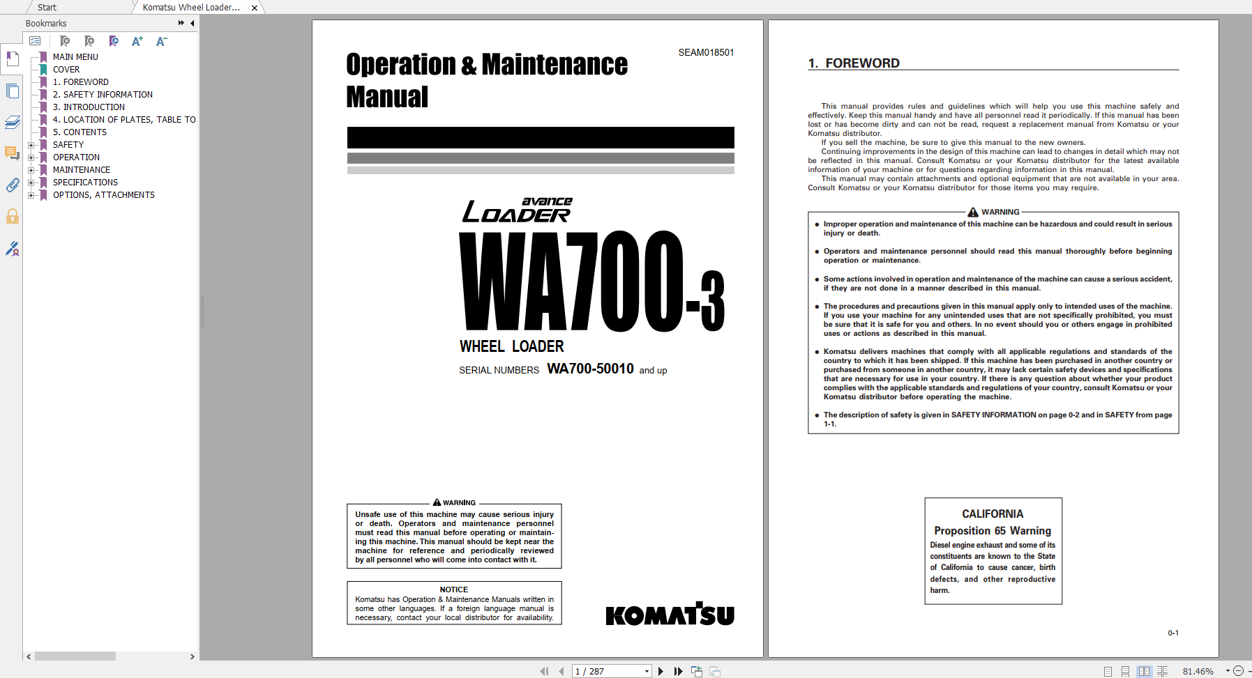 Komatsu Wheel Loader WA700 3 Operation Maintenance Manual SEAM018501 1999