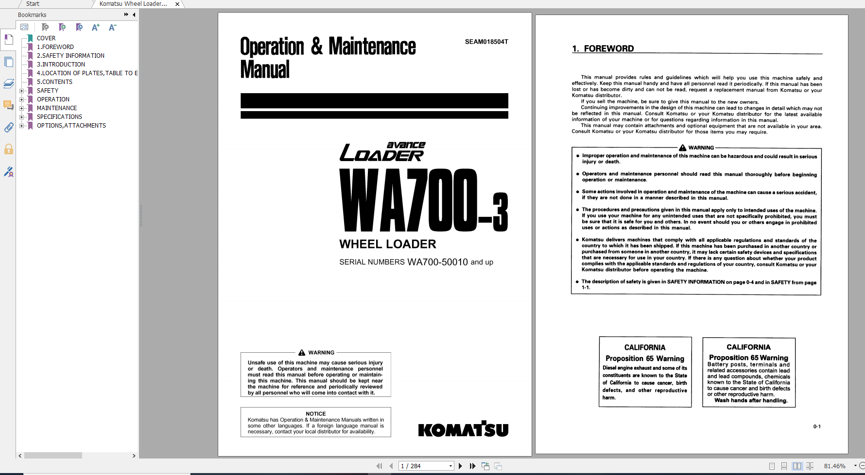 Komatsu Wheel Loader WA700 3 Operation Maintenance Manual SEAM018504T 2000