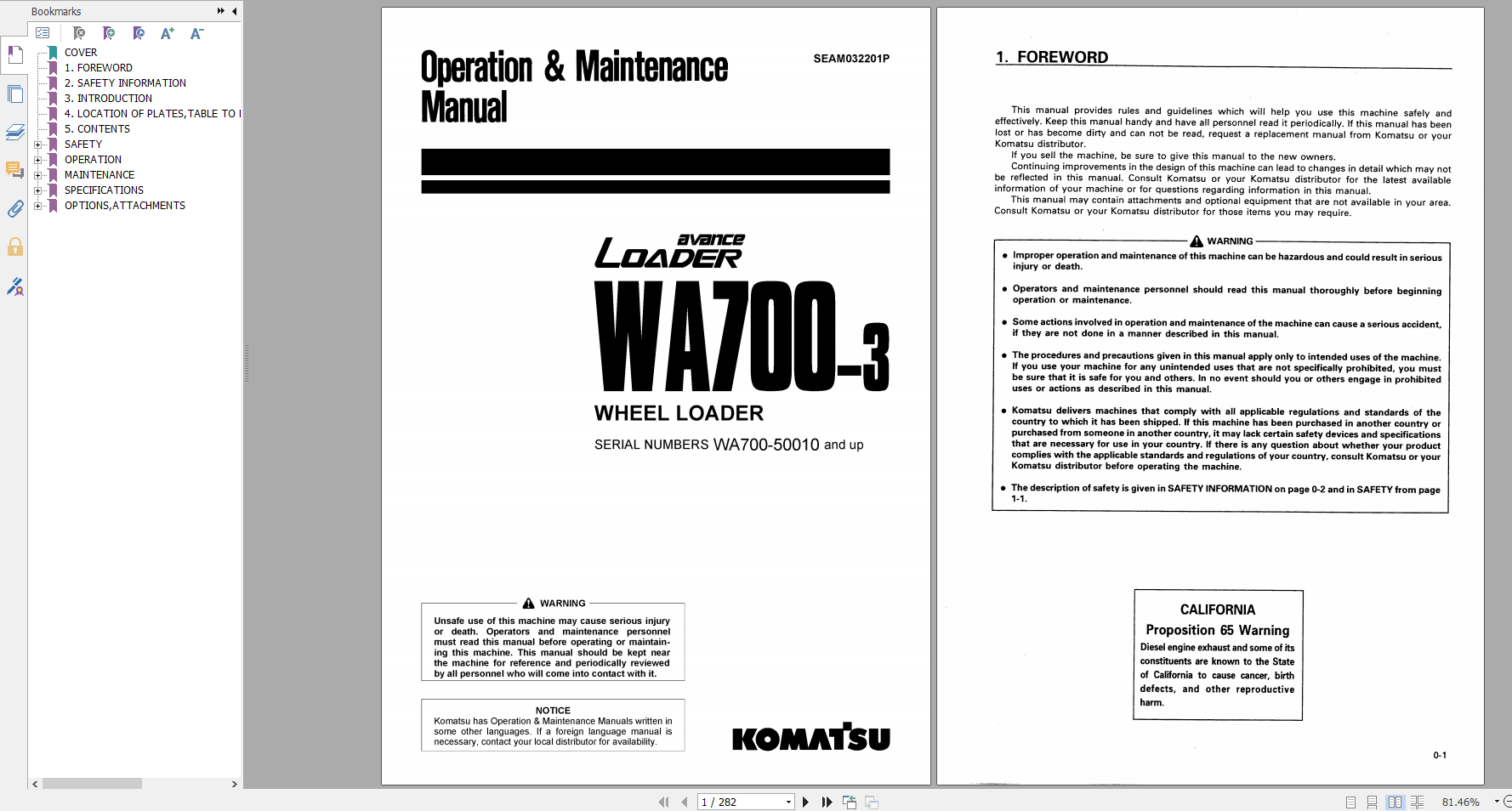 Komatsu Wheel Loader WA700 3 Operation Maintenance Manual SEAM032201P 1999