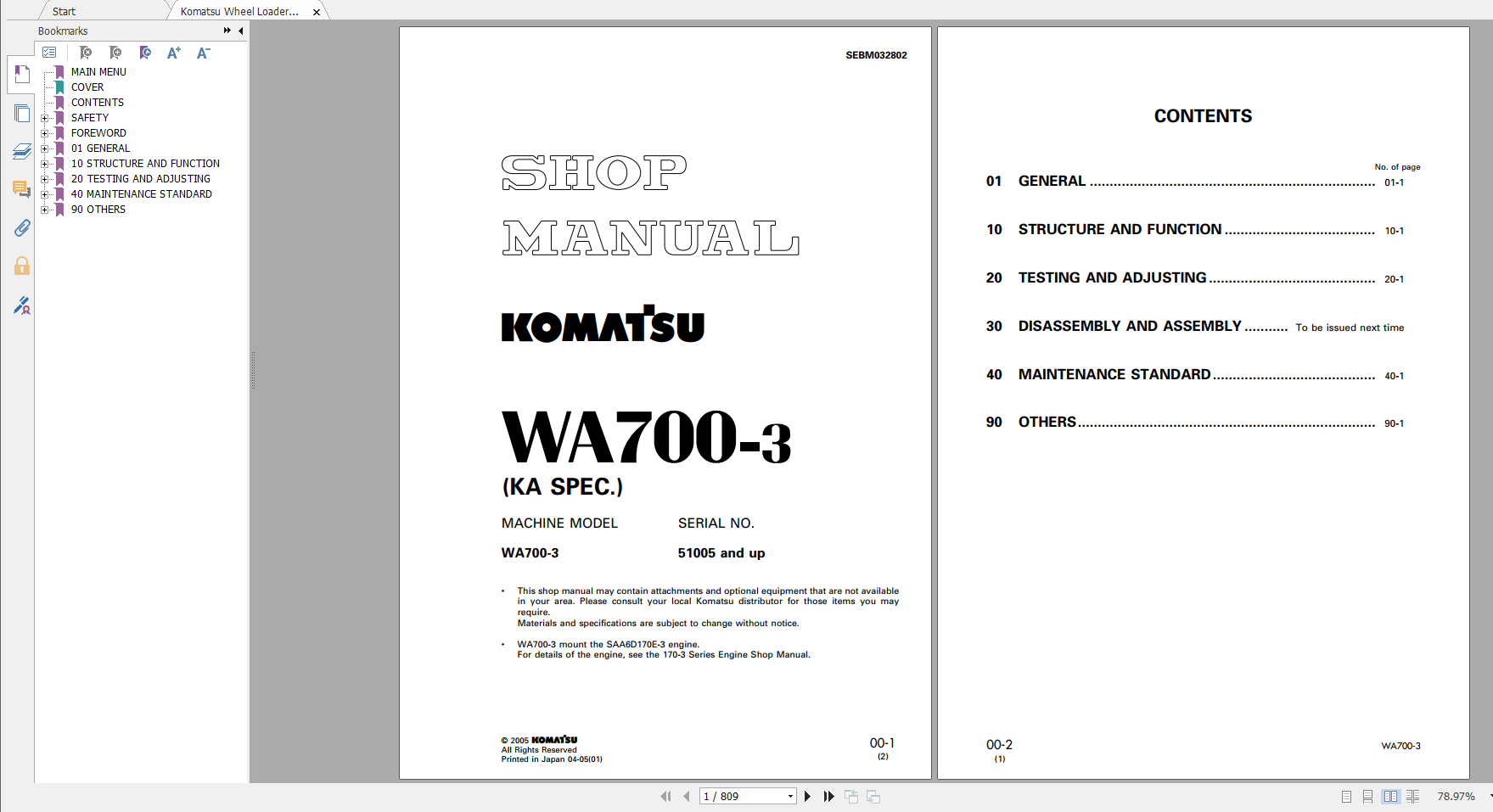 Komatsu Wheel Loader WA700 3 Shop Manual SEBM032802 2005