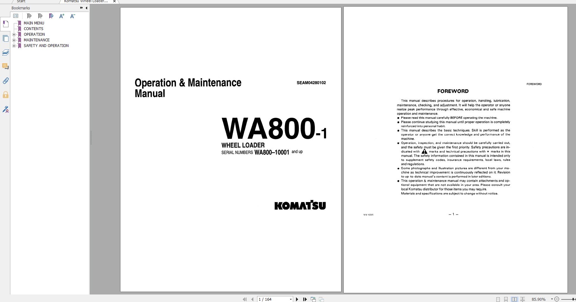 Komatsu Wheel Loader WA800 1 Operation Maintenance Manual SEAM04280102