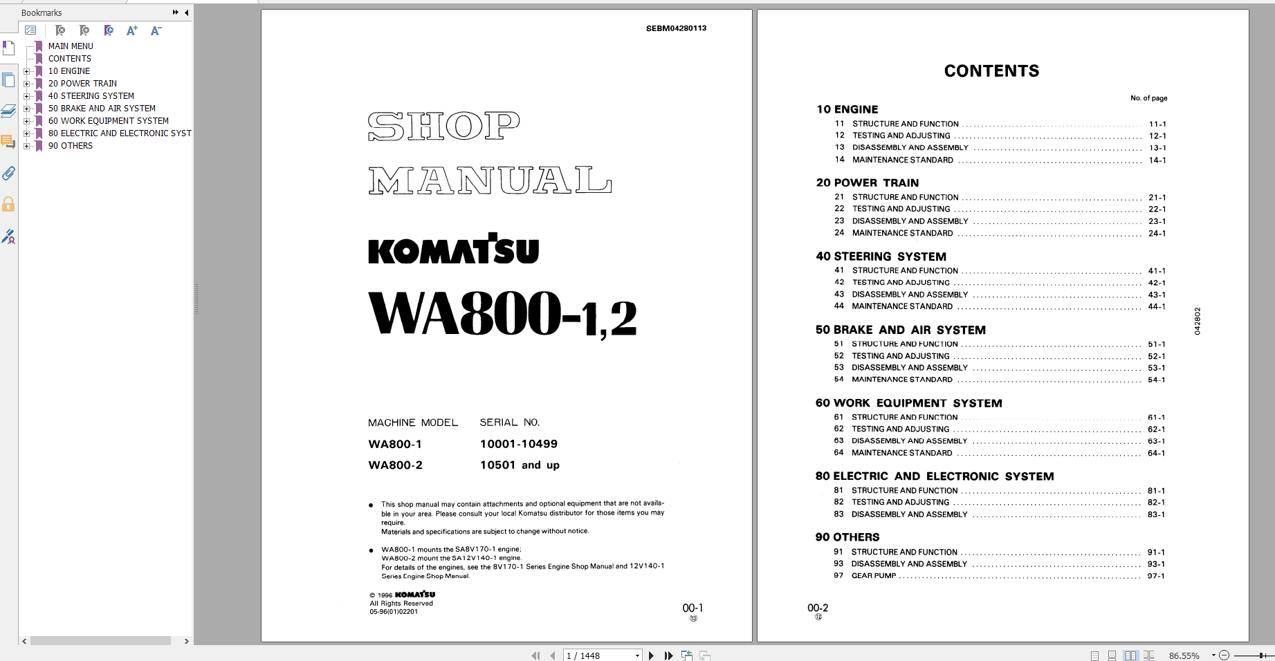 Komatsu Wheel Loader WA800 1 WA800 2 Shop Manual SEBM04280113 1996