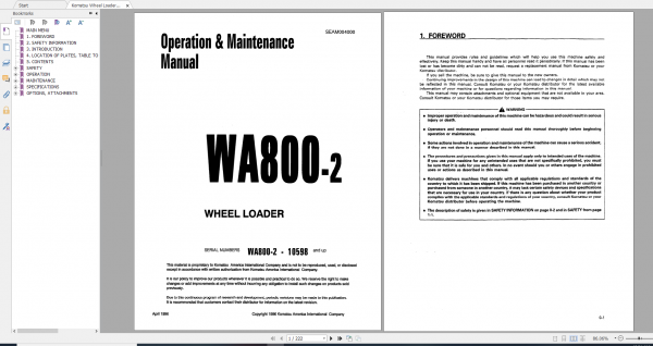 Komatsu Wheel Loader WA800 2 Operation Maintenance Manual SEAM004000 1996