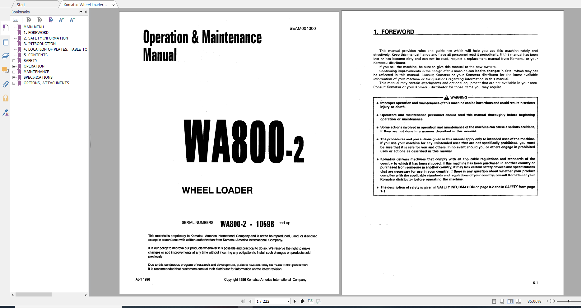 Komatsu Wheel Loader WA800 2 Operation Maintenance Manual SEAM004000 1996