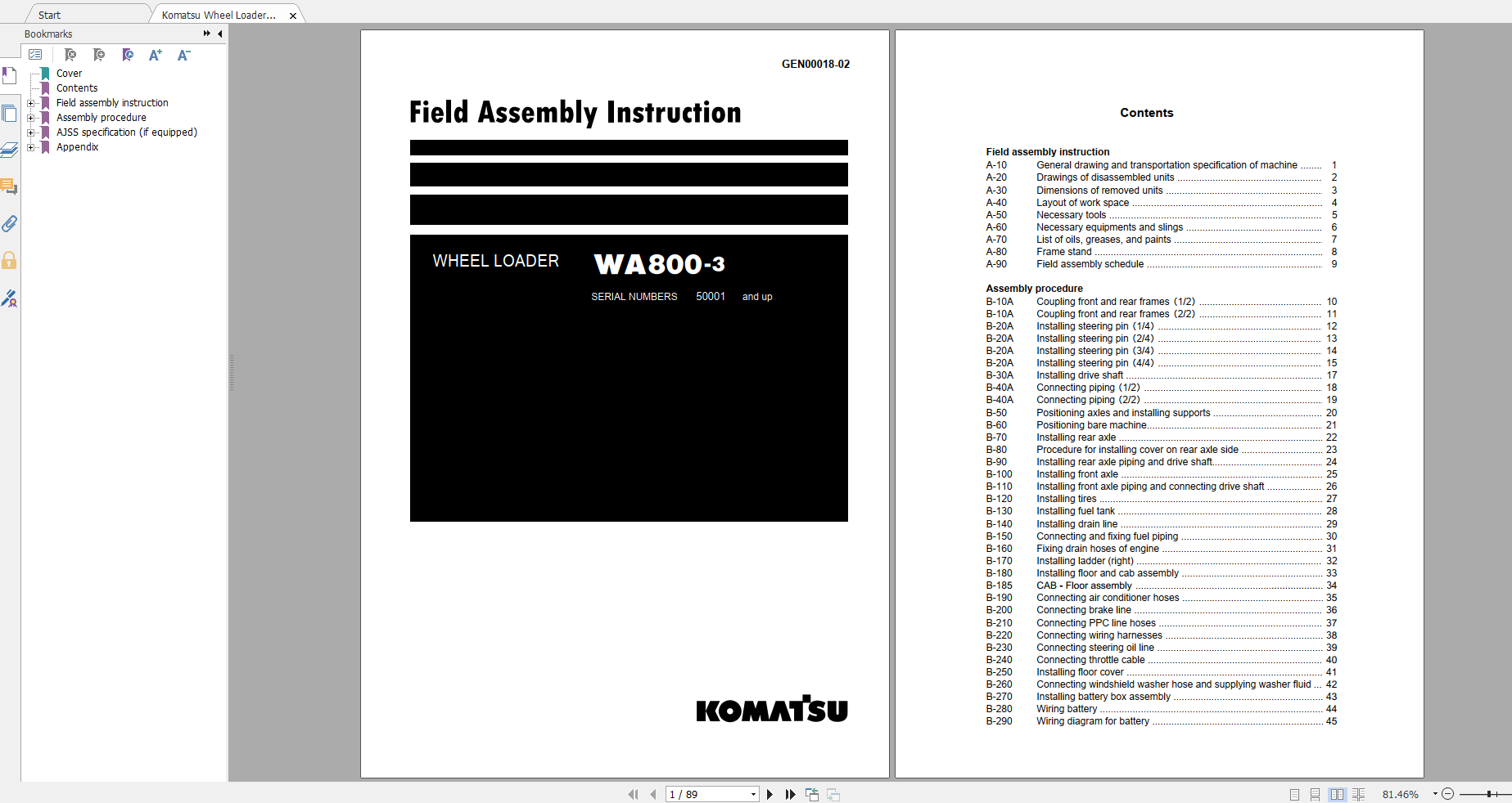 Komatsu Wheel Loader WA800 3 Field Assembly Instruction GEN00018 02 2019