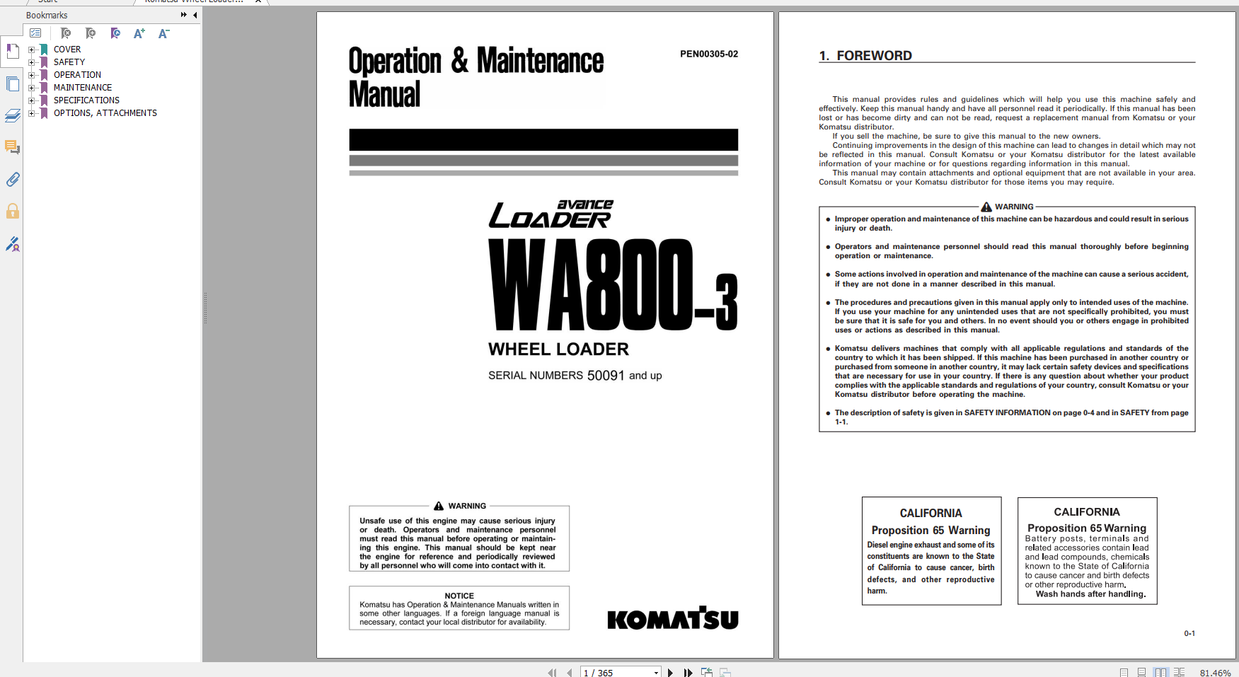 Komatsu Wheel Loader WA800 3 Operation Maintenance Manual PEN00305 02 2011