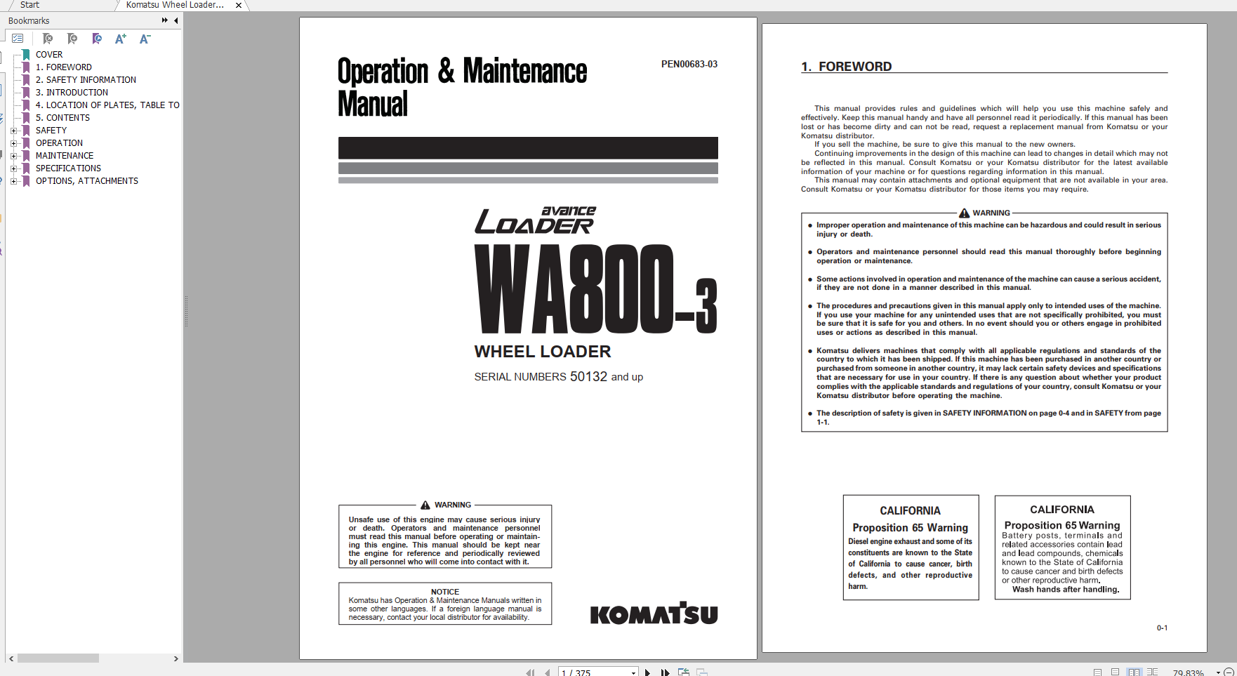 Komatsu Wheel Loader WA800 3 Operation Maintenance Manual PEN00683 03 2019