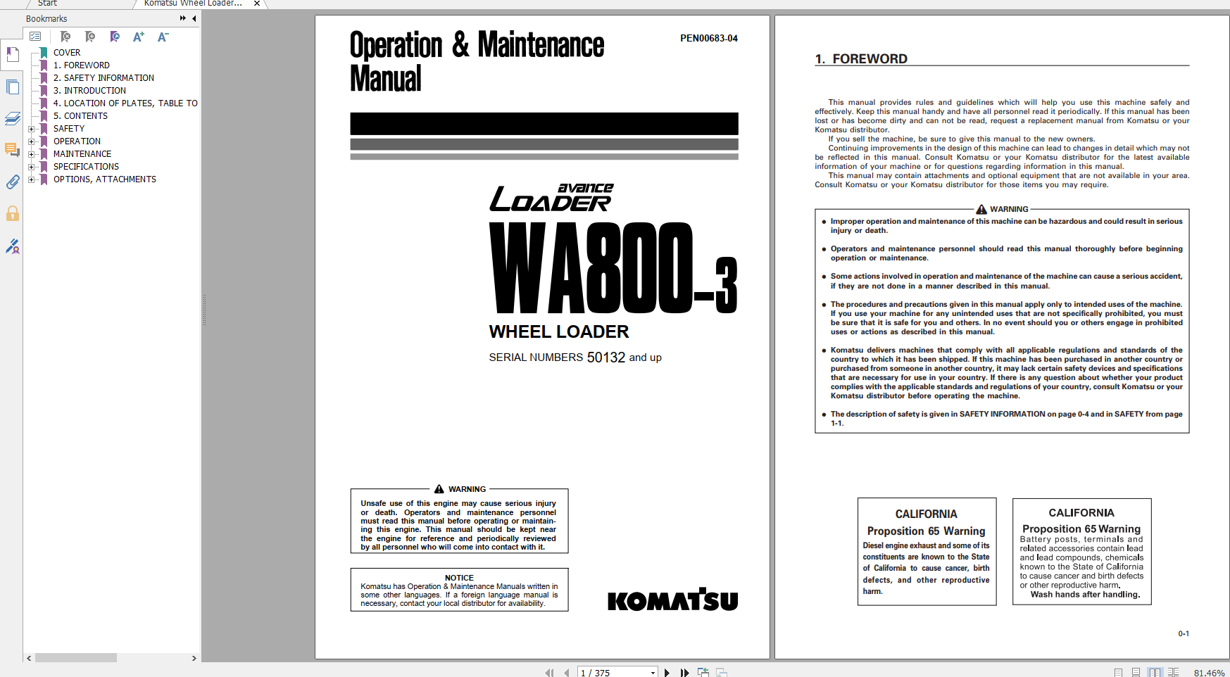 Komatsu Wheel Loader WA800 3 Operation Maintenance Manual PEN00683 04 2020
