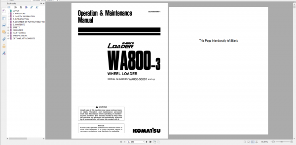 Komatsu Wheel Loader WA800 3 Operation Maintenance Manual SEAM018601 1998