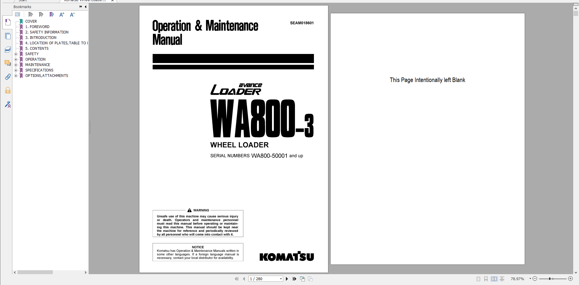 Komatsu Wheel Loader WA800 3 Operation Maintenance Manual SEAM018601 1998