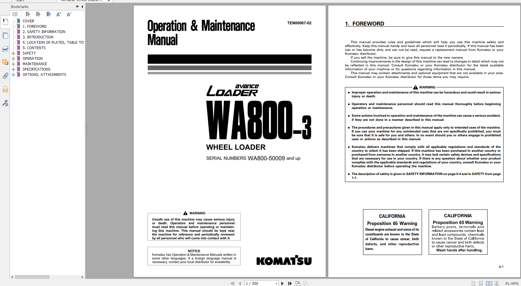 Komatsu Wheel Loader WA800 3 Operation Maintenance Manual TEN00067 02 2006