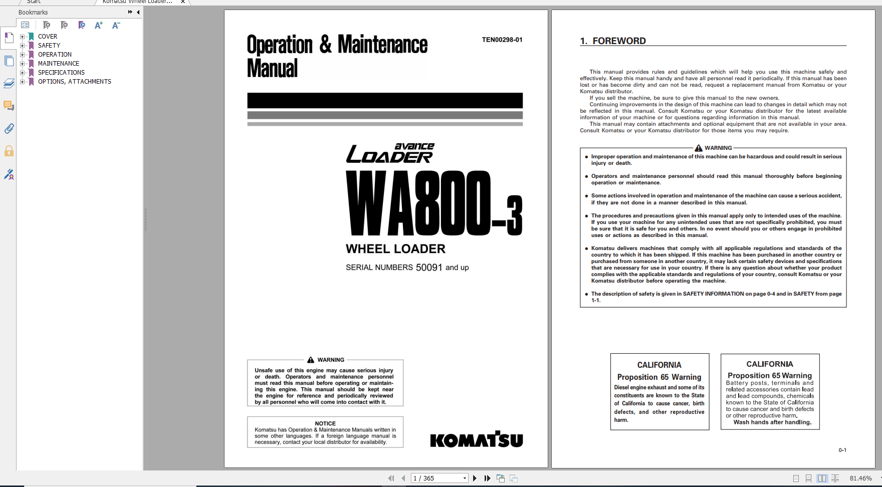 Komatsu Wheel Loader WA800 3 Operation Maintenance Manual TEN00298 01 2011