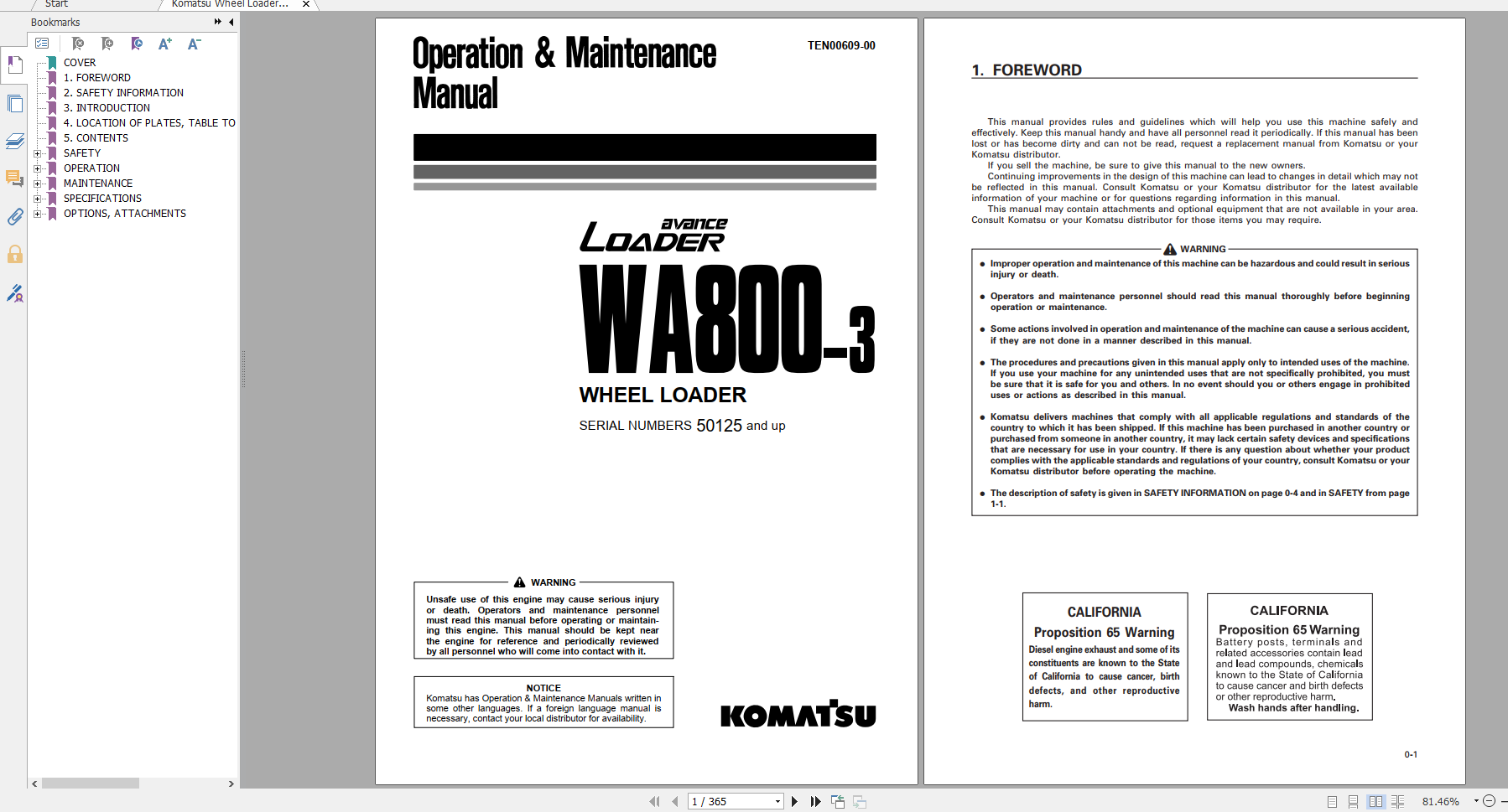 Komatsu Wheel Loader WA800 3 Operation Maintenance Manual TEN00609 00 2012