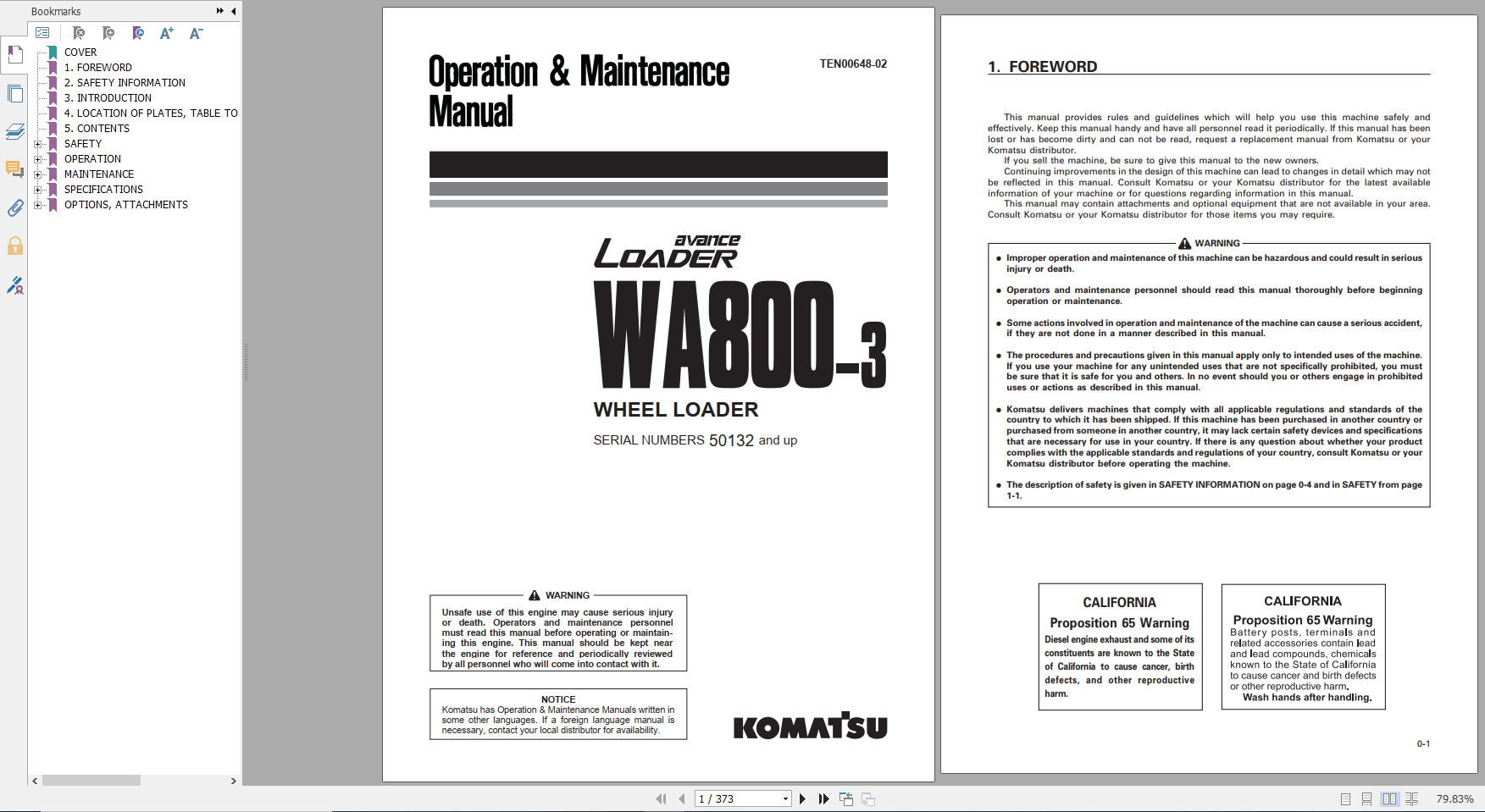 Komatsu Wheel Loader WA800 3 Operation Maintenance Manual TEN00648 02 2019