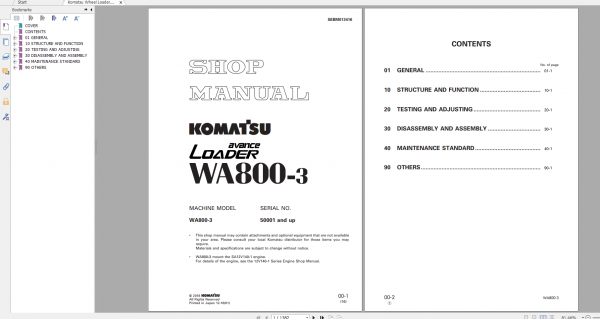 Komatsu Wheel Loader WA800 3 Shop Manual SEBM013416 2018