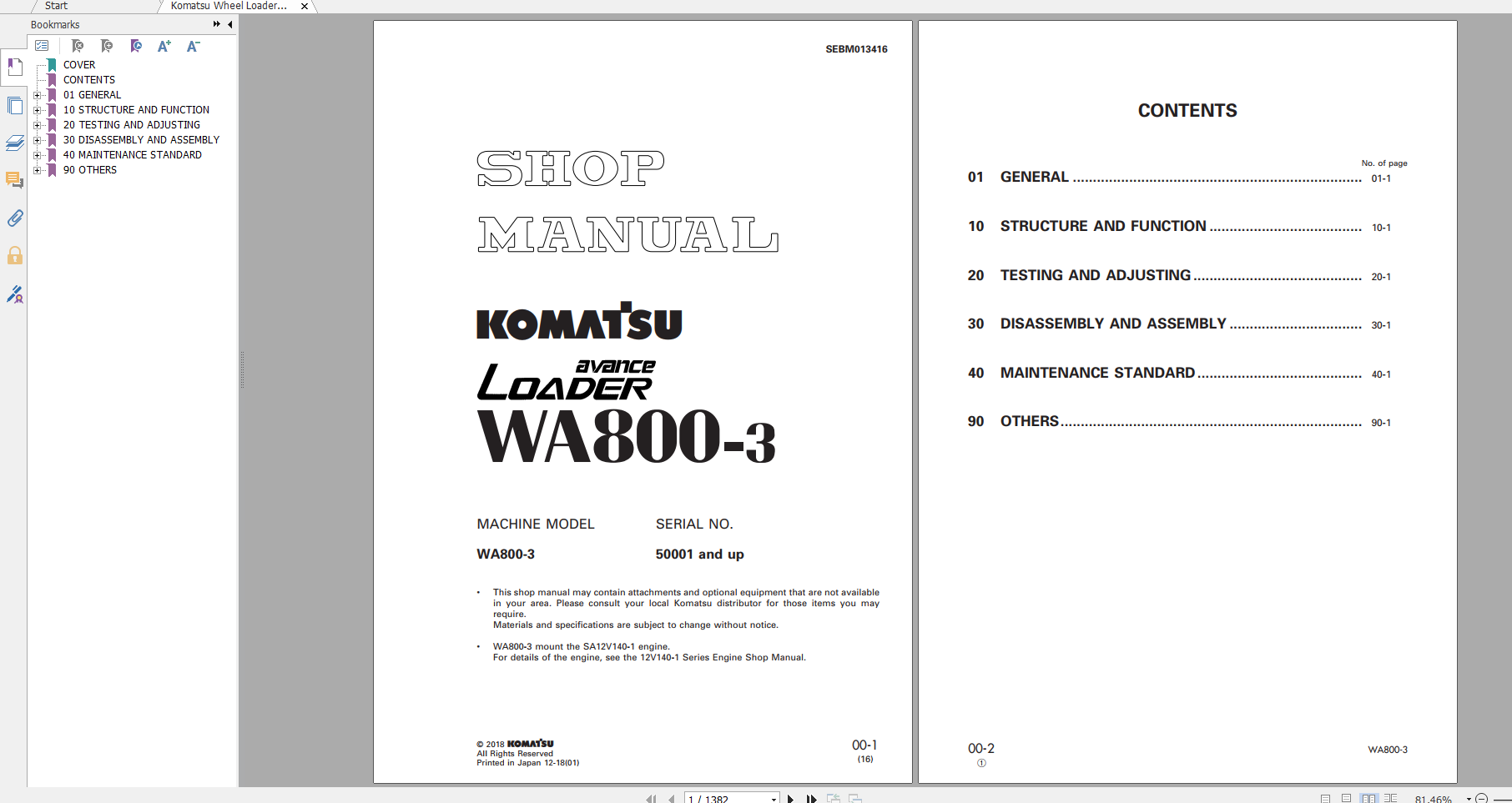 Komatsu Wheel Loader WA800 3 Shop Manual SEBM013416 2018