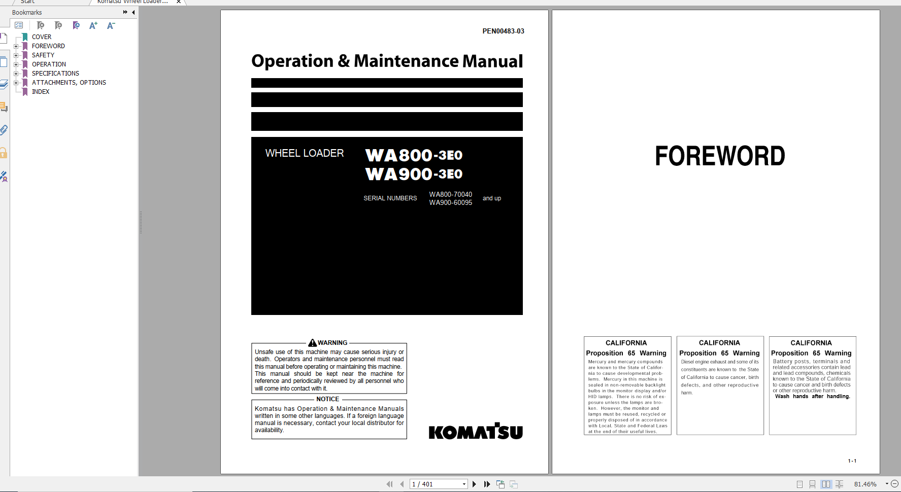 Komatsu Wheel Loader WA800 3E0 WA900 3E0 Operation Maintenance Manual PEN00483 03 2020