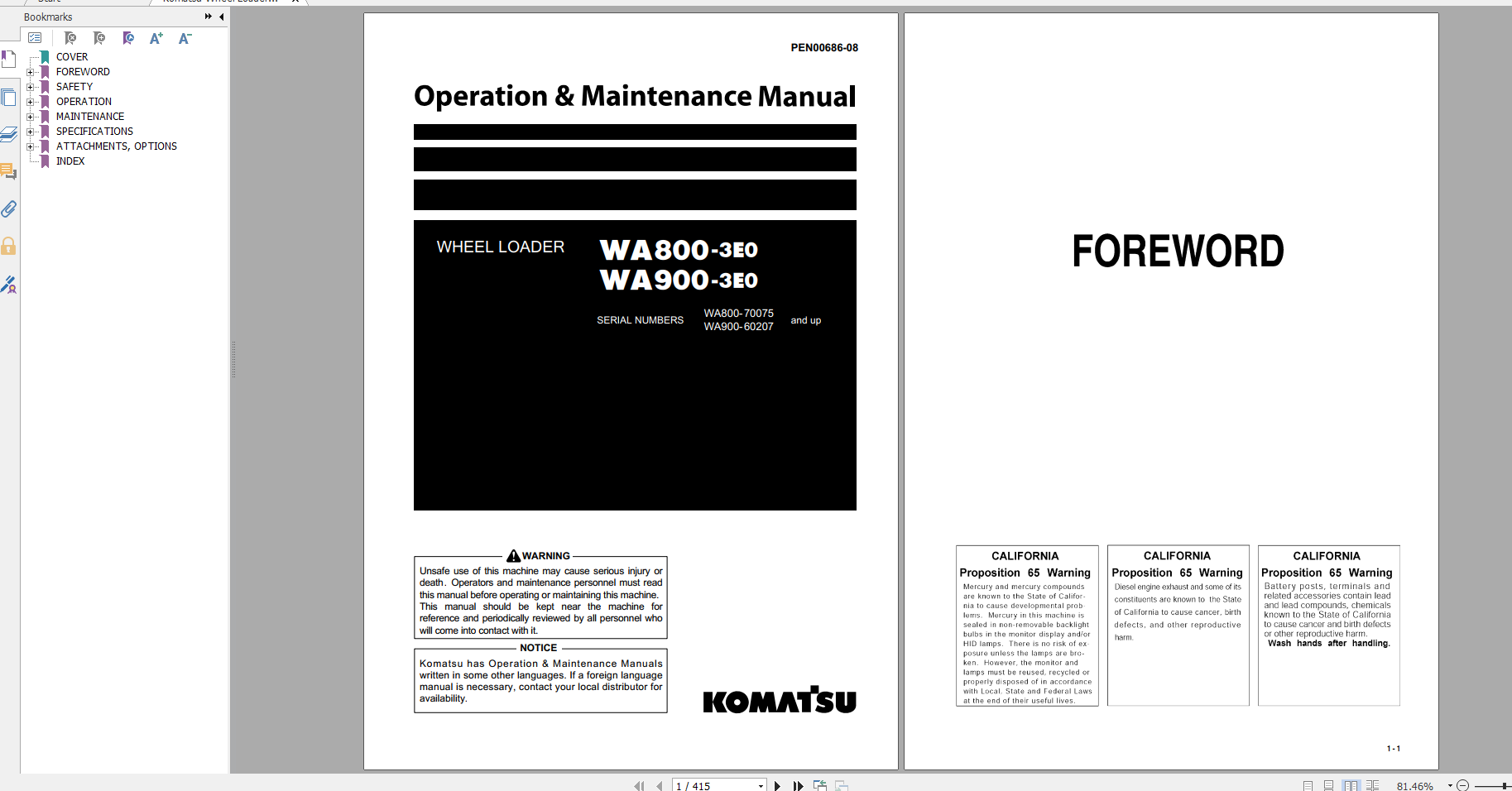 Komatsu Wheel Loader WA800 3E0 WA900 3E0 Operation Maintenance Manual PEN00686 08 2019