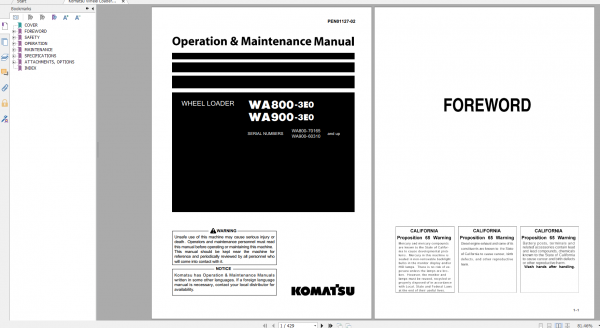 Komatsu Wheel Loader WA800 3E0 WA900 3E0 Operation Maintenance Manual PEN01127 02 2019