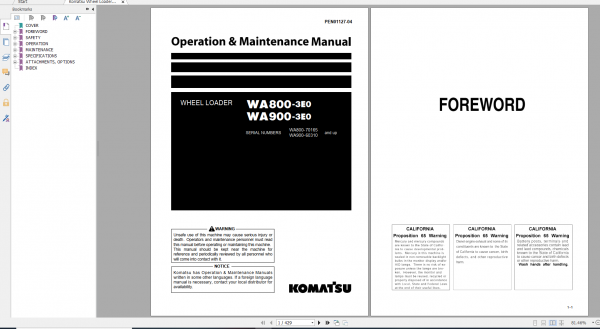 Komatsu Wheel Loader WA800 3E0 WA900 3E0 Operation Maintenance Manual PEN01127 04 2020