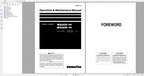 Komatsu Wheel Loader WA800 3E0 WA900 3E0 Operation Maintenance Manual TEN00162 03 2007