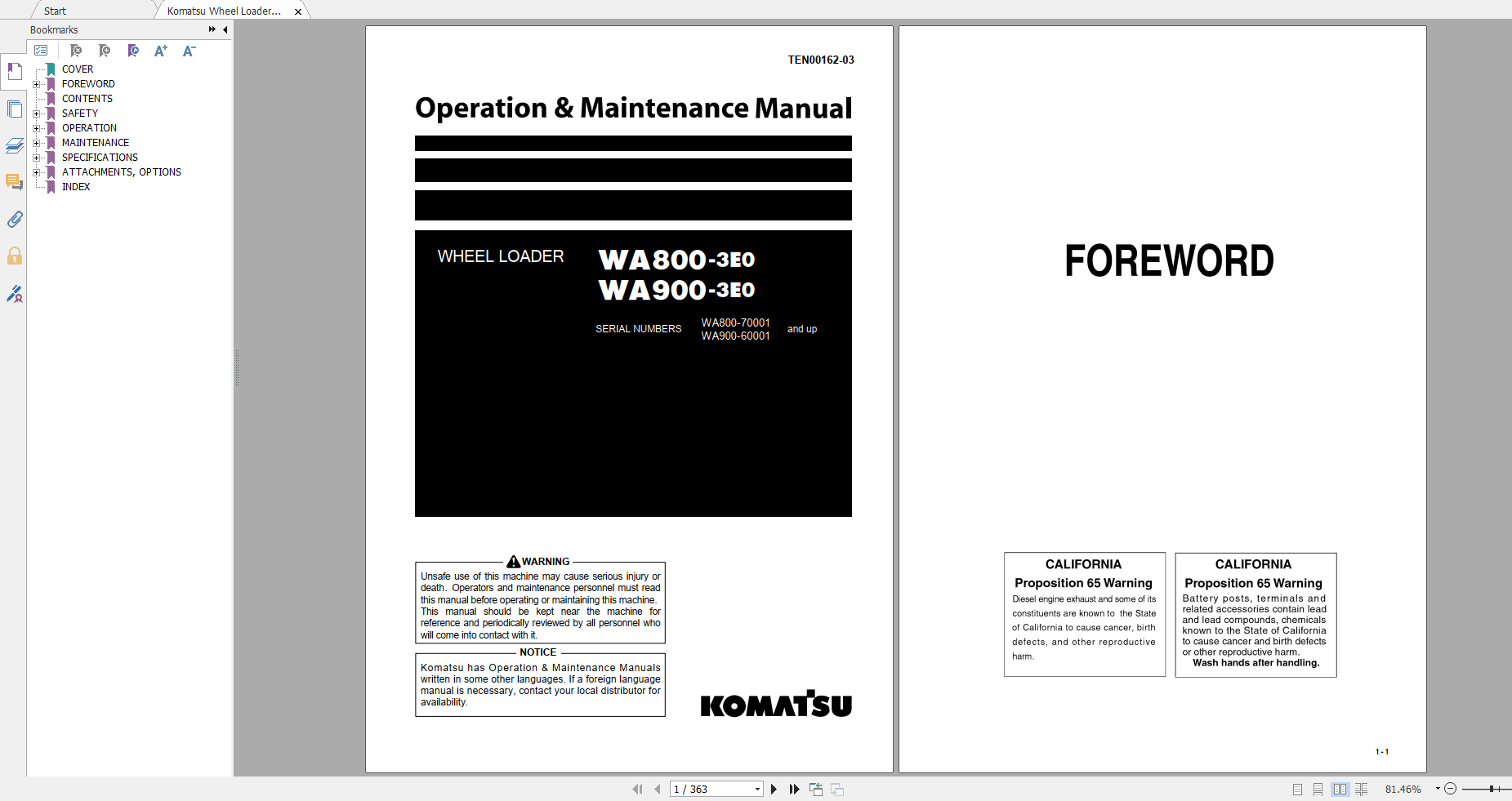 Komatsu Wheel Loader WA800 3E0 WA900 3E0 Operation Maintenance Manual TEN00162 03 2007