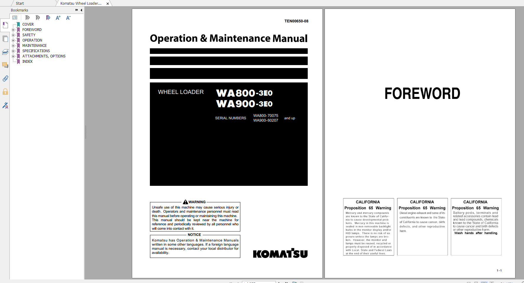 Komatsu Wheel Loader WA800 3E0 WA900 3E0 Operation Maintenance Manual TEN00650 08 2019