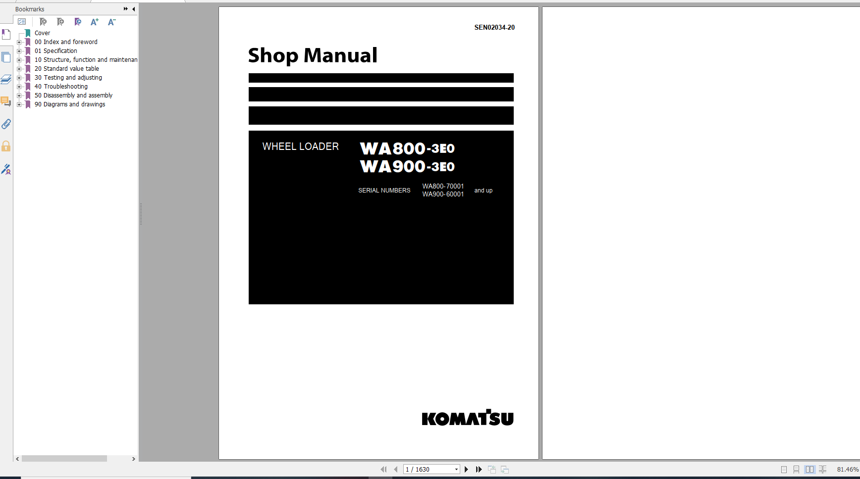 Komatsu Wheel Loader WA800 3E0 WA900 3E0 Shop Manual SEN02034 20 2018