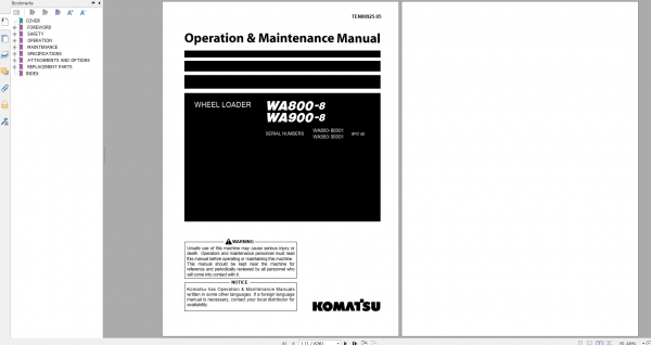 Komatsu Wheel Loader WA800 8 WA900 8 Operation Maintenance Manual TEN00925 05 2020