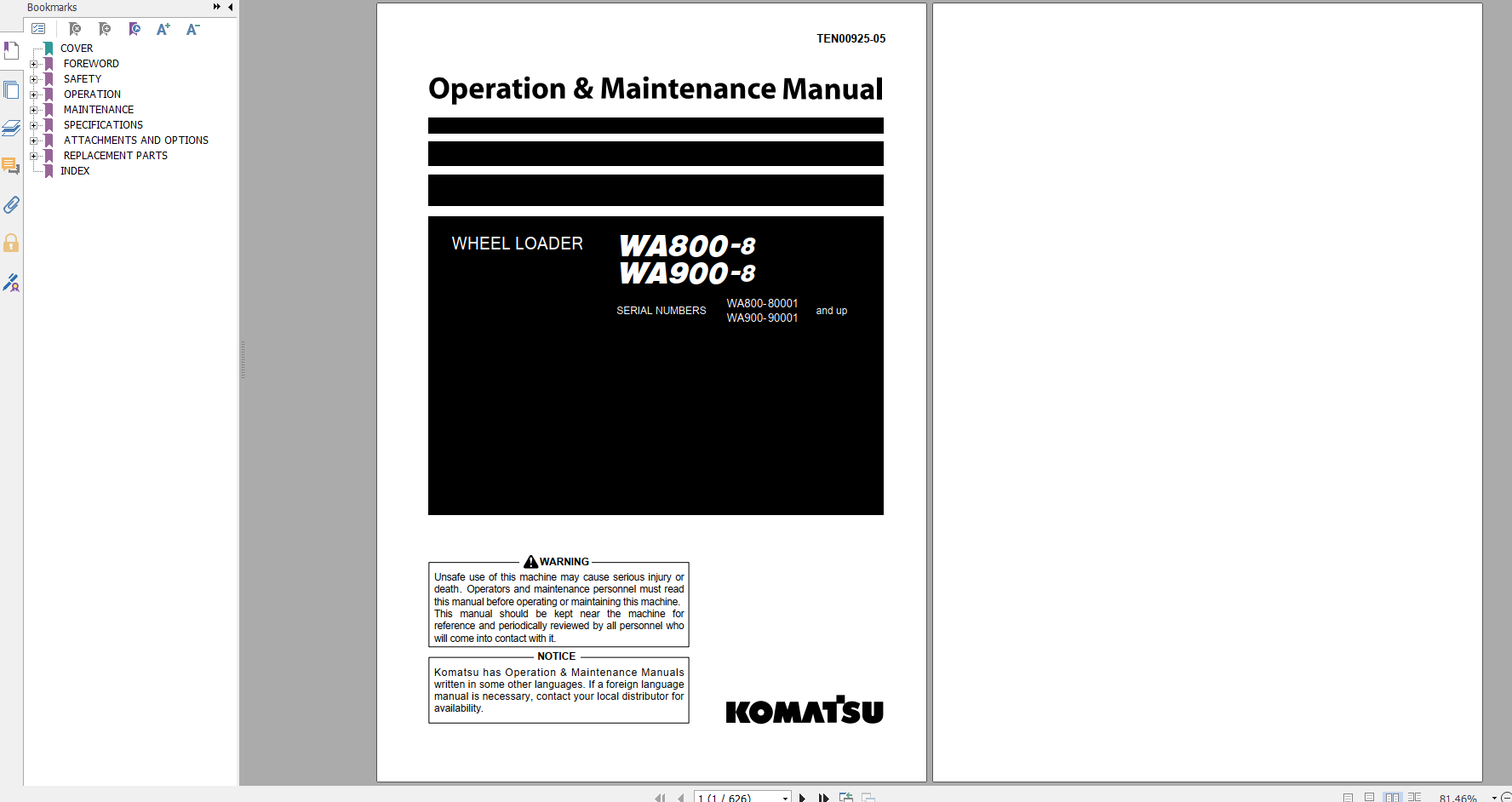 Komatsu Wheel Loader WA800 8 WA900 8 Operation Maintenance Manual TEN00925 05 2020