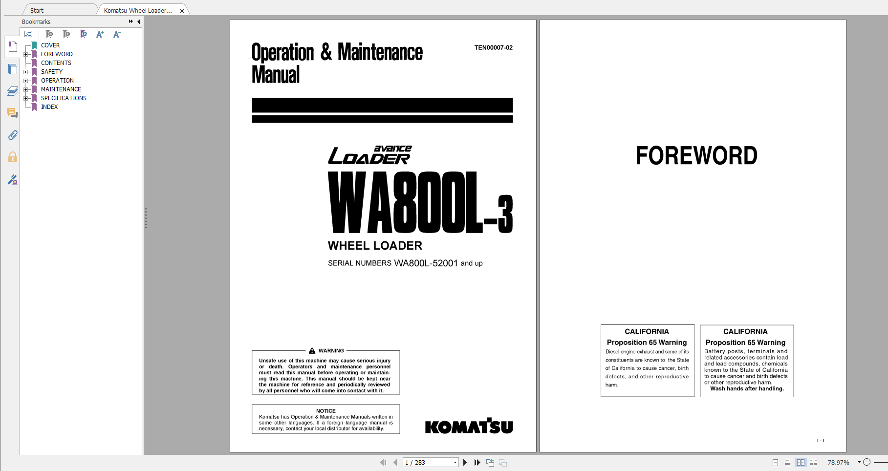 Komatsu Wheel Loader WA800L 3 Operation Maintenance Manual TEN00007 02 2006