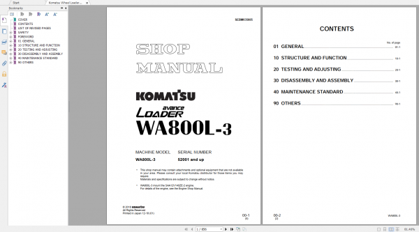 Komatsu Wheel Loader WA800L 3 Shop Manual SEBM035605 2018