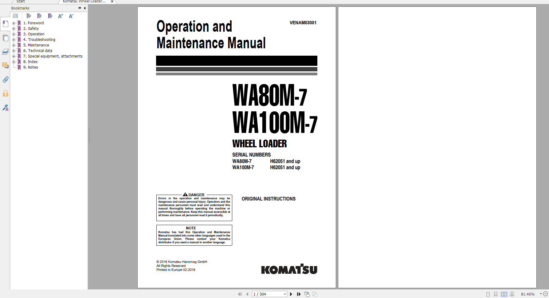 Komatsu Wheel Loader WA80M 7 WA100M 7 Operation Maintenance Manual VENAM03001 2016