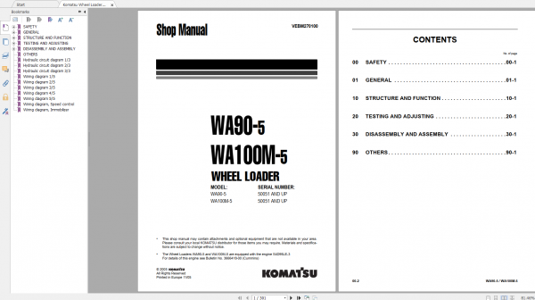 Komatsu Wheel Loader WA90 5 WA100M 5 Shop Manual VEBM270100 2005