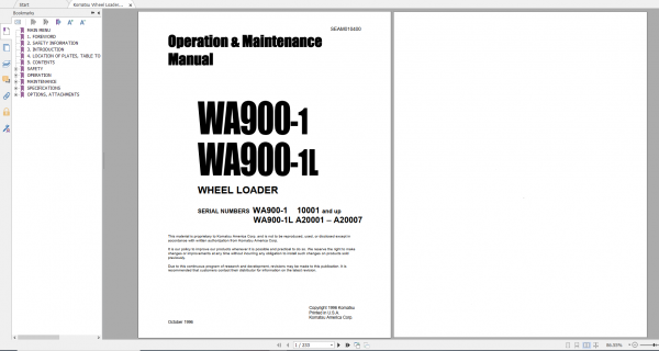 Komatsu Wheel Loader WA900 1 WA900 1L Operation Maintenance Manual SEAM010400 1996