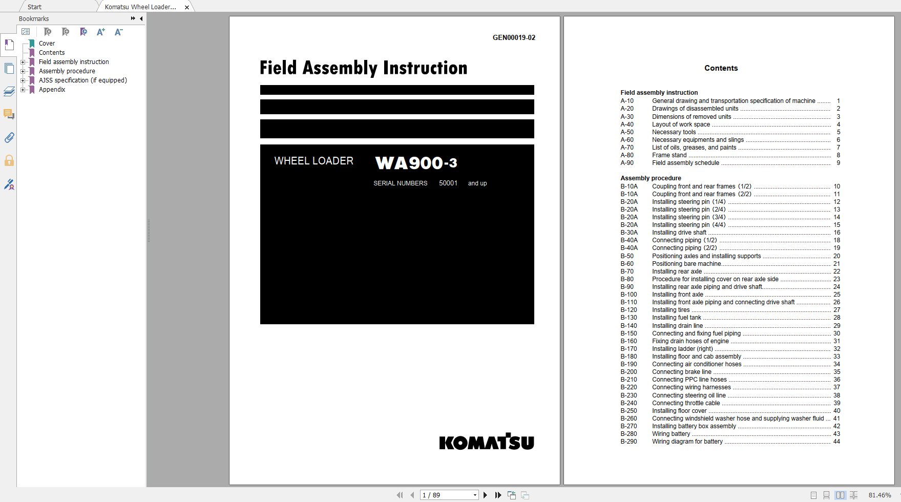 Komatsu Wheel Loader WA900 3 Field Assembly Instruction GEN00019 02 2019
