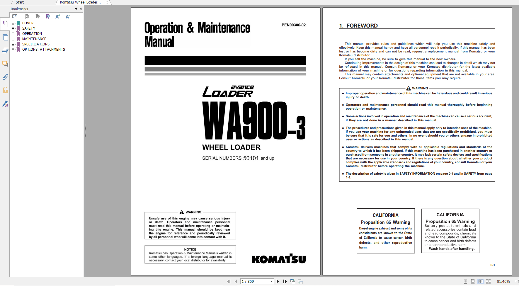 Komatsu Wheel Loader WA900 3 Operation Maintenance Manual PEN00306 02 2011