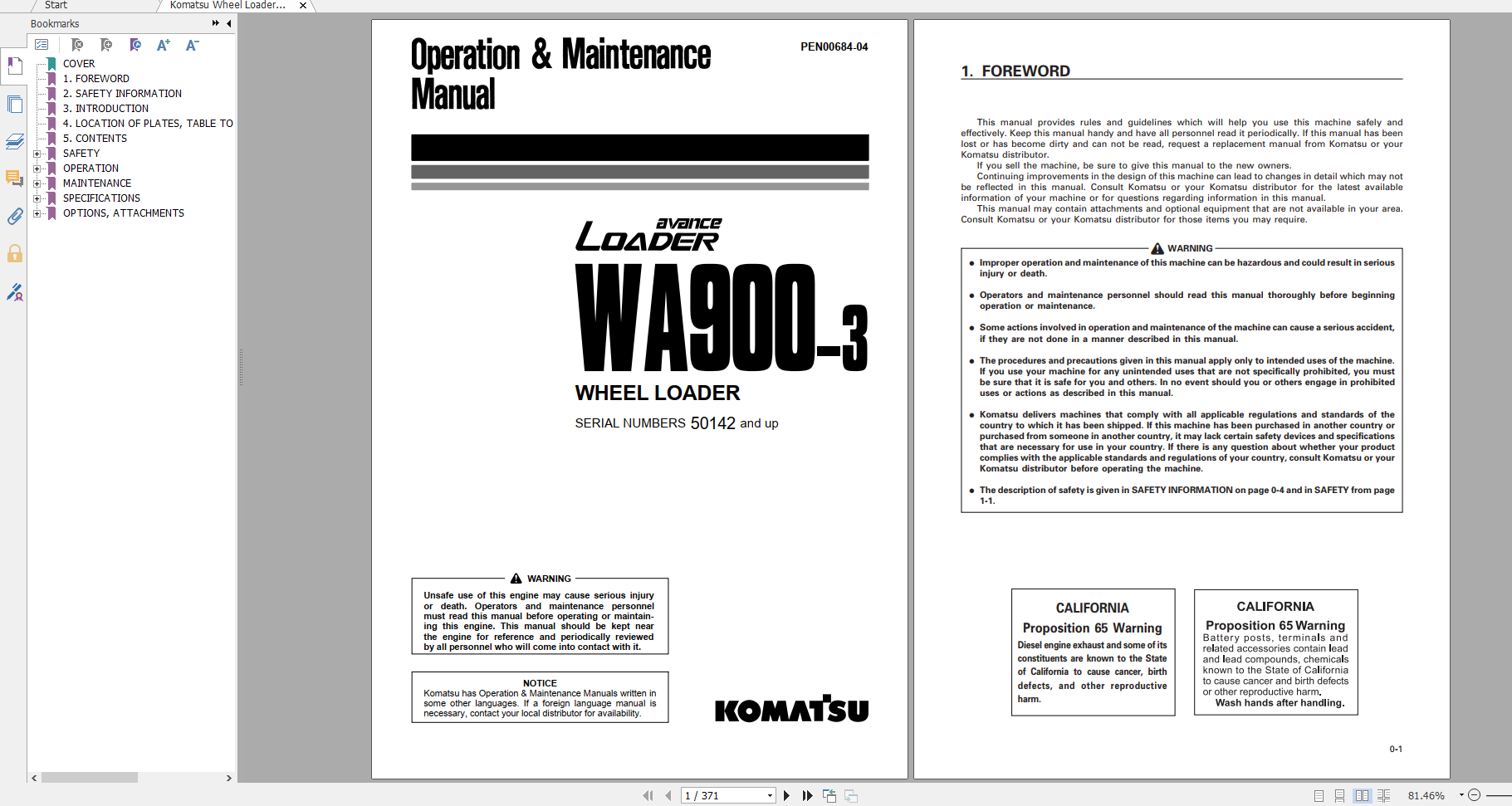 Komatsu Wheel Loader WA900 3 Operation Maintenance Manual PEN00684 04 2020
