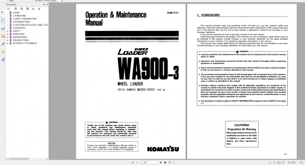 Komatsu Wheel Loader WA900 3 Operation Maintenance Manual SEAM018701 1998