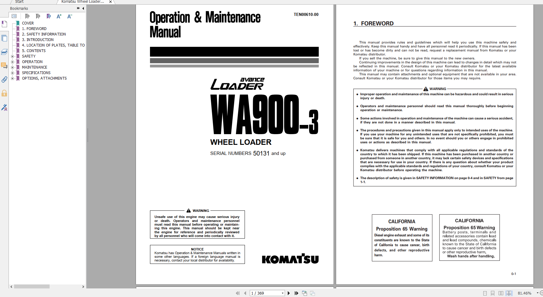 Komatsu Wheel Loader WA900 3 Operation Maintenance Manual TEN00610 00 2012