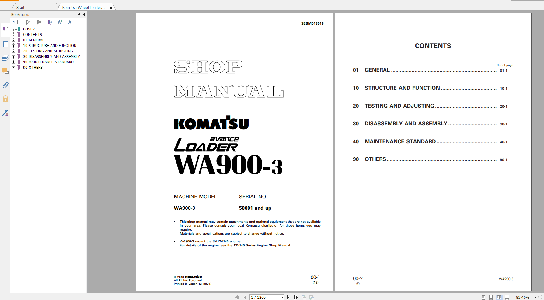 Komatsu Wheel Loader WA900 3 Shop Manual SEBM013518 2018